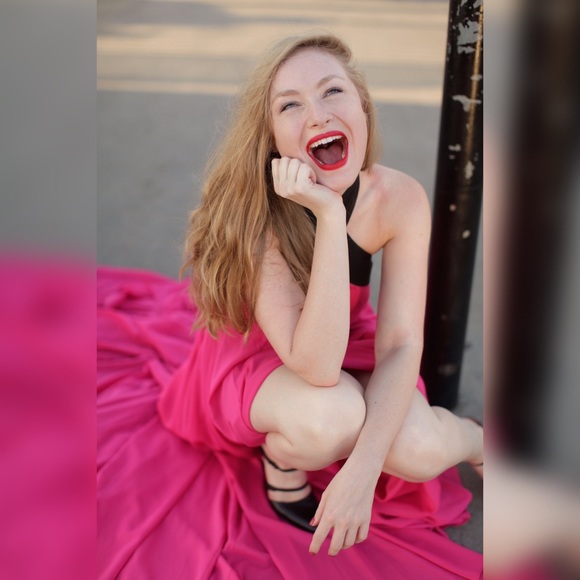 💕 AQ/AQ Opium Halter Cross Neck Cerise Pink High Low Asymmetric Prom Maxi Dress - Picture 5 of 13